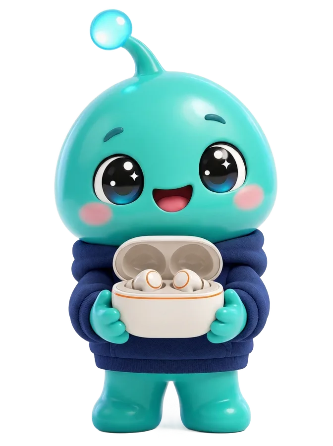 The LUMYN mascot holding the earbuds
