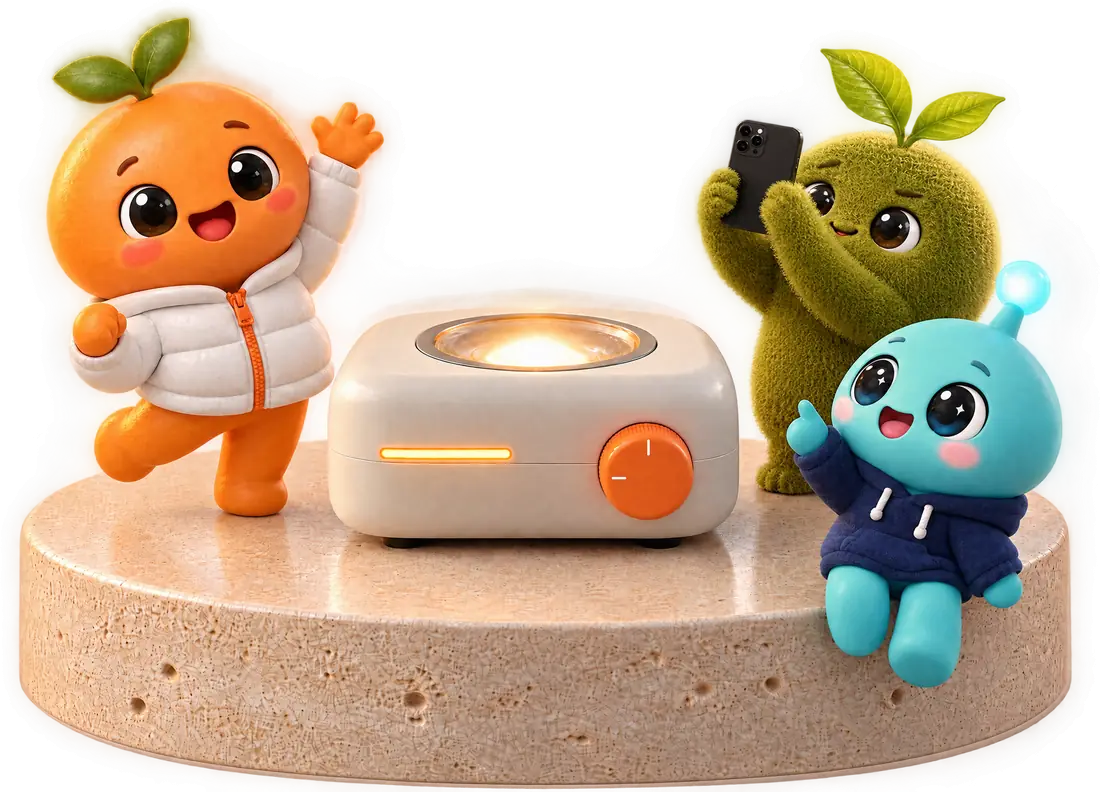 The three theme mascots around a hologram projector on a travertine plinth: the orange KINETIK character jumping and waving, the cyan LUMYN mascot sitting on the edge pointing up, and the moss-green HADEN sprite filming the hologram on a phone.